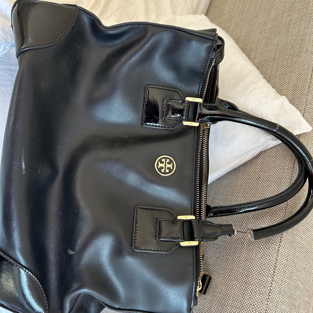 Tory Burch Black Leather Tote with Gold Accents